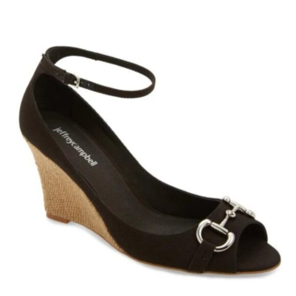 Jeffrey Campbell Company Wedge Sandal Black Canvas Open Toe Horse Bit Size 8 NEW - Picture 1 of 6
